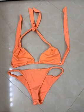 Braided Strap Coral Bikini Set - Women's Swimwear